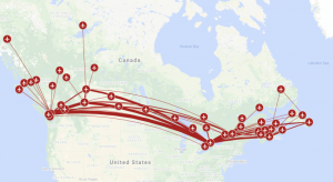 map of Canada and flight routes