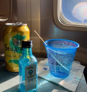 blue gin bottle in the foreground with a yellow tonic can behind and a blue plastic cup with bubbles and and clear liquid and a plastic straw  in the cup on a cocktail napkin in front of a window on a table